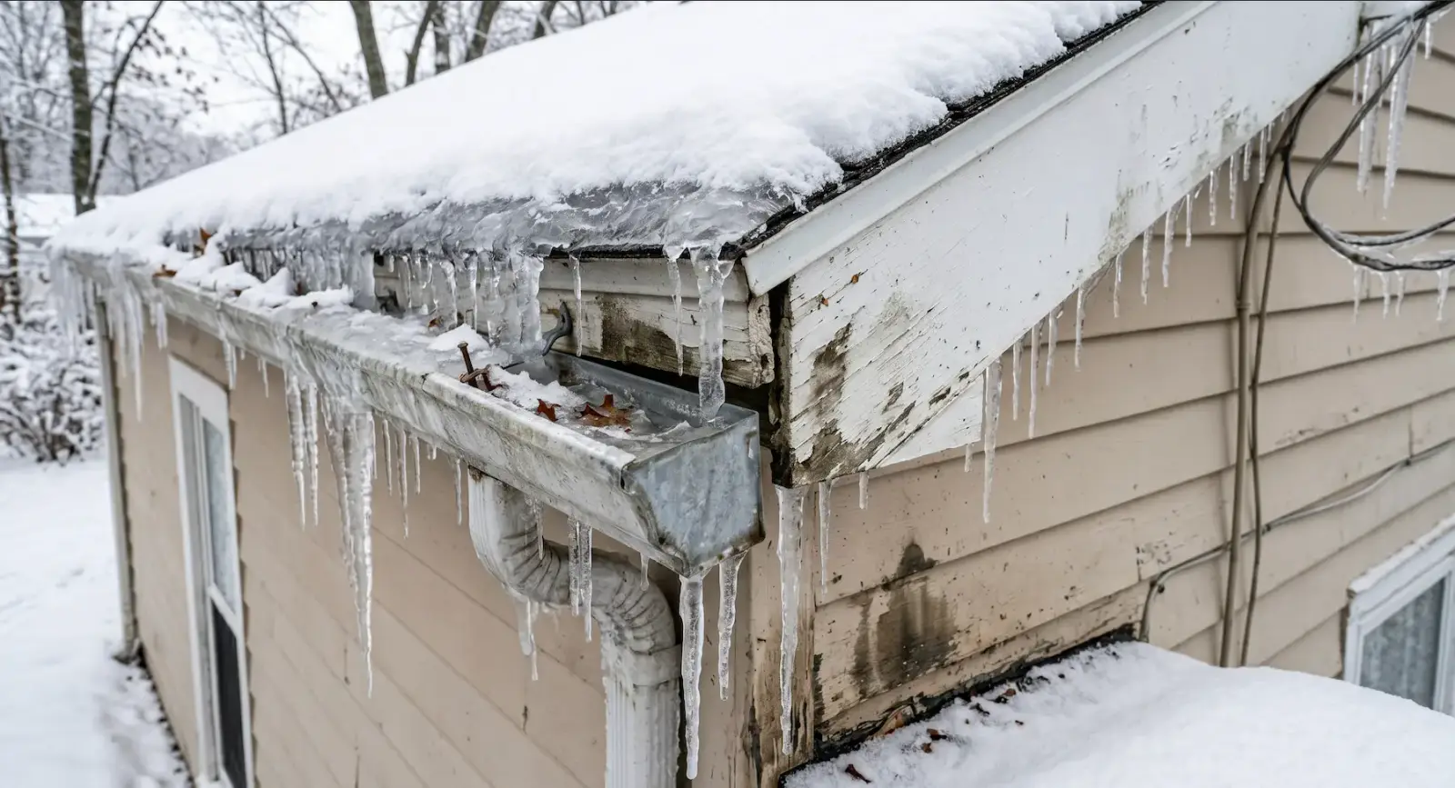 Ice dam forming along a roof edge and loading the gutter below